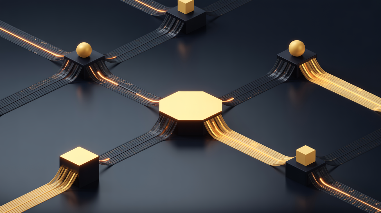 Goldener hexagonaler Routing-Hub im Zentrum, umgeben von mehreren unterschiedlichen Satelliten-Nodes – verbunden durch fließende goldene Lichtströme auf tiefem Navy-Hintergrund – symbolisiert intelligente Multi-Model-Orchestrierung