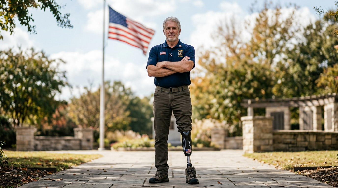 An older veteran standing with an American flag behind him