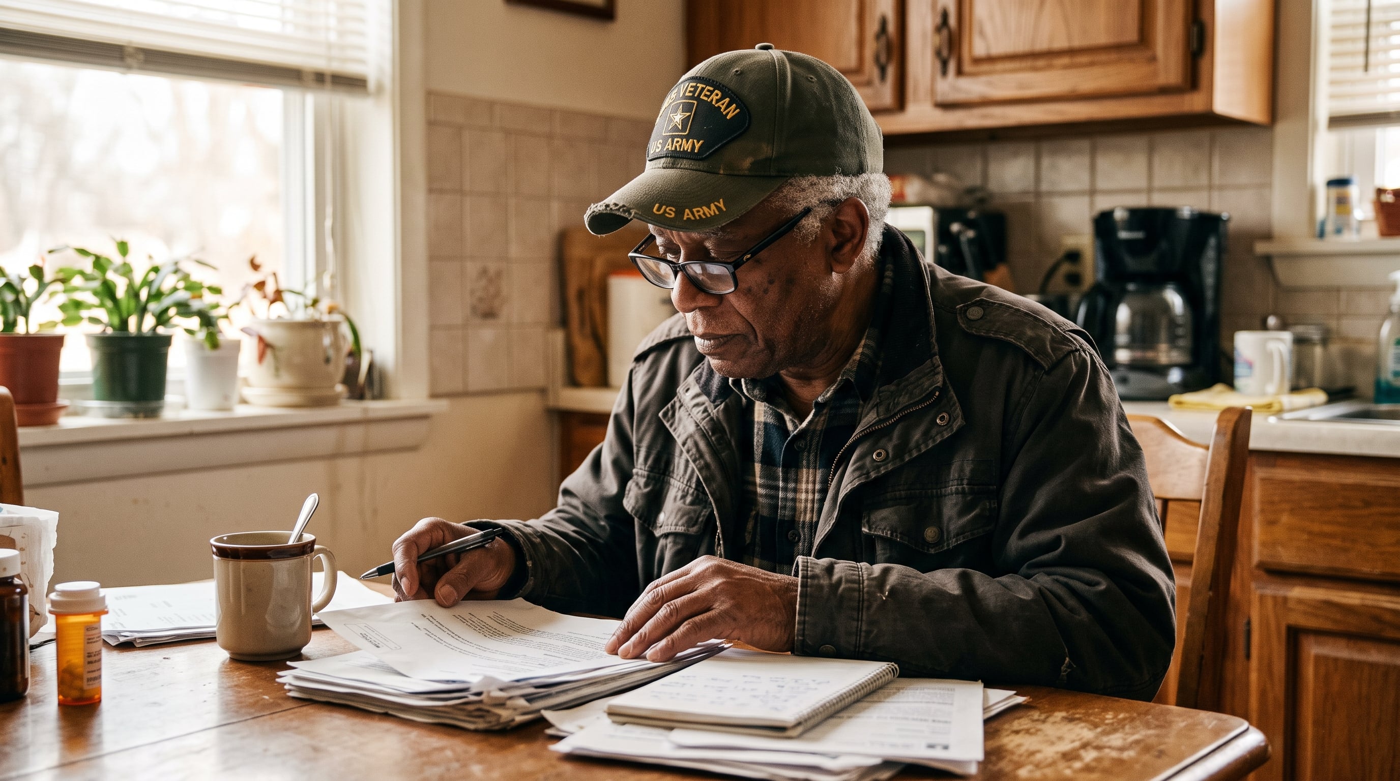 A Black male veteran in his late 60s wearing a faded Army service cap, sitting at his kitchen table in morning light reviewing a stack of VA papers with reading glasses and a cup of coffee