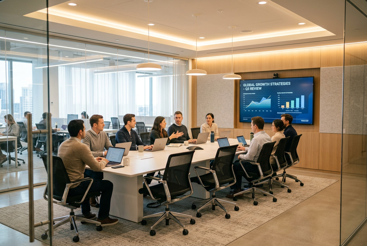 Modern tech conference room with glass walls and warm lighting