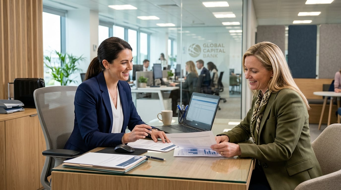 Professional banker helping a customer in a modern bank office
