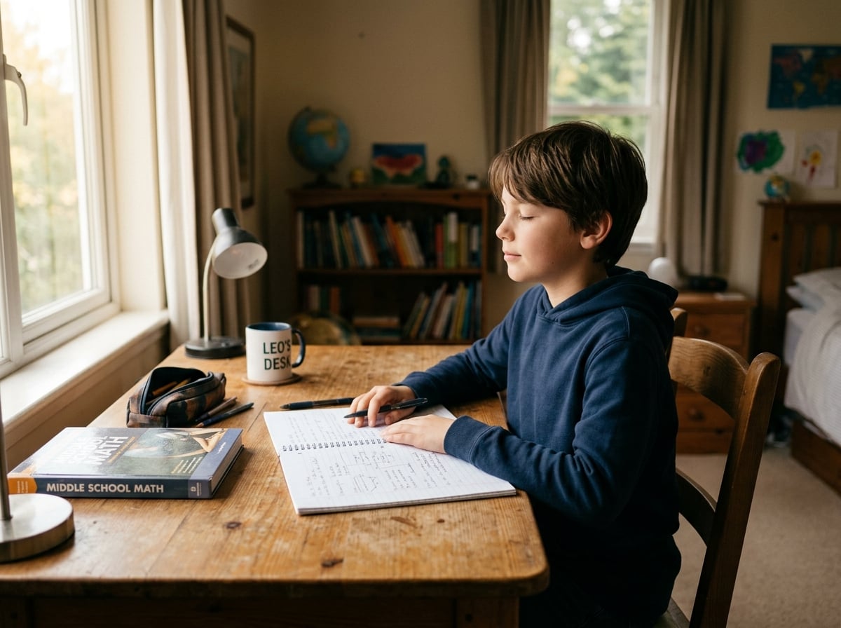 Middle-school boy looking calm and focused