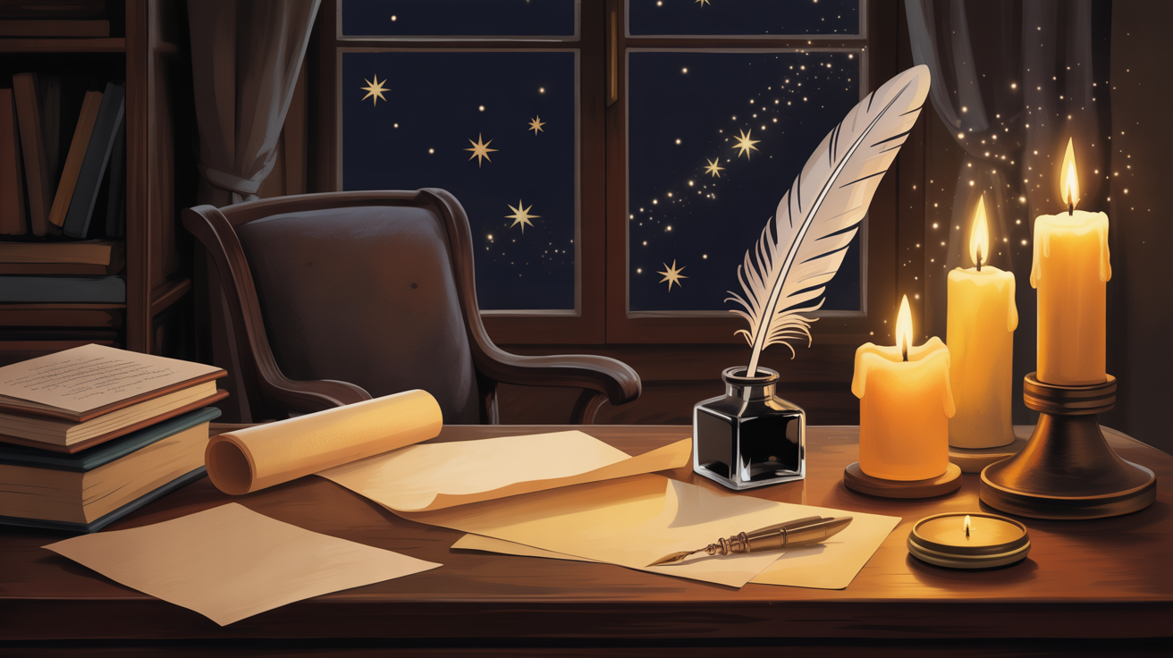 Thorne's cozy workspace by candlelight