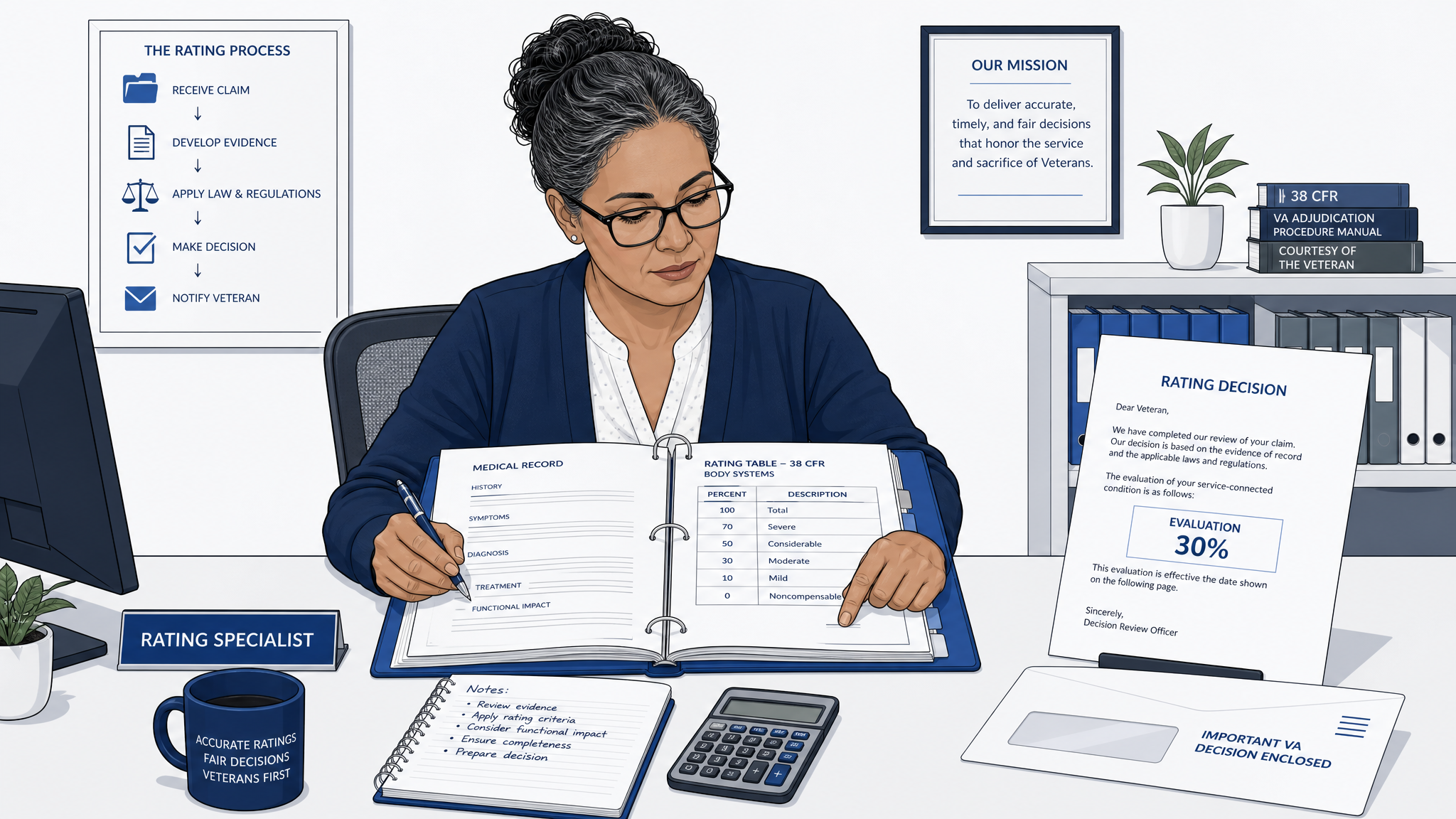 Rating specialist applying the rating schedule to a file and producing the decision letter