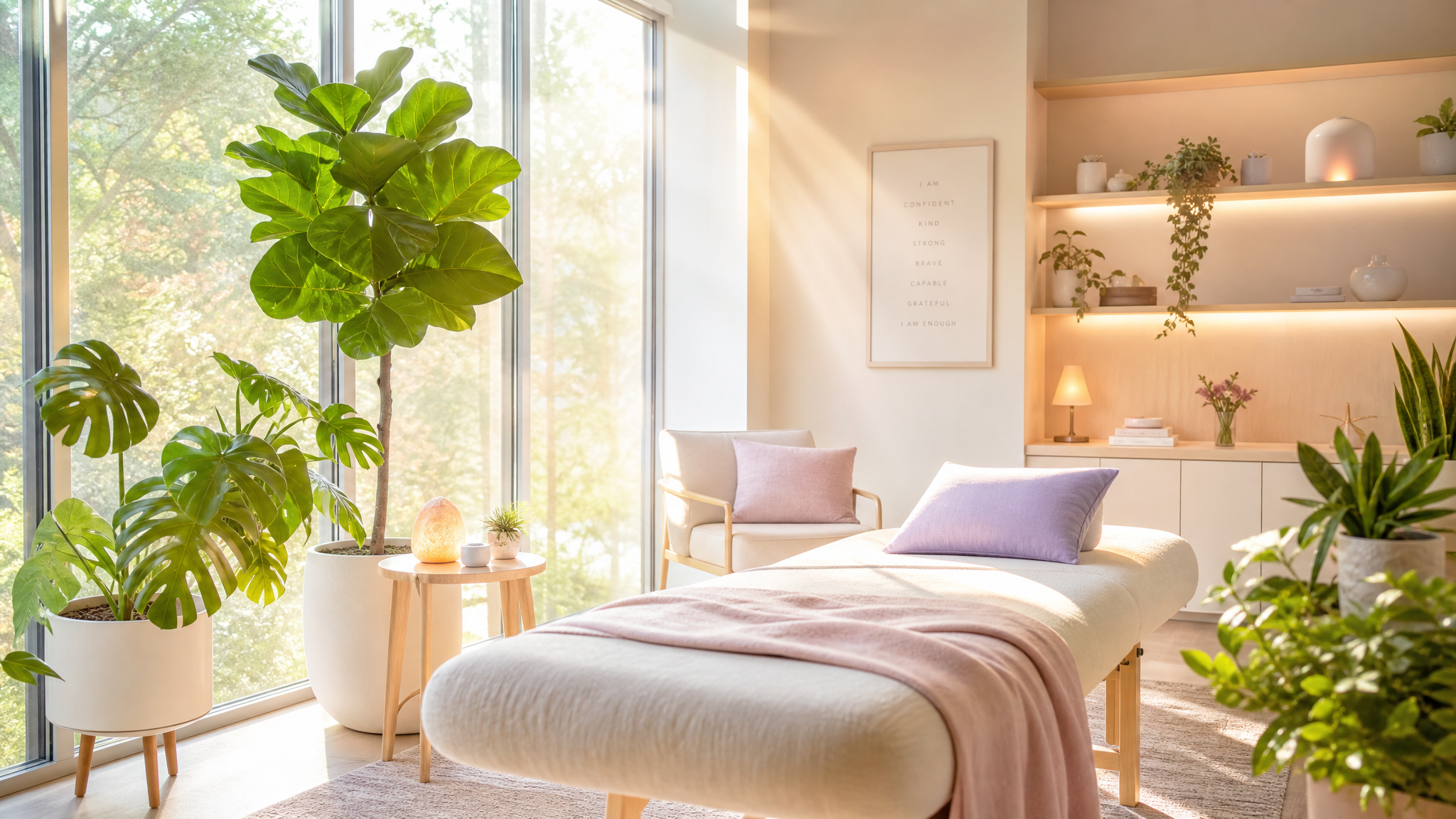 Bright modern wellness space filled with plants and natural light