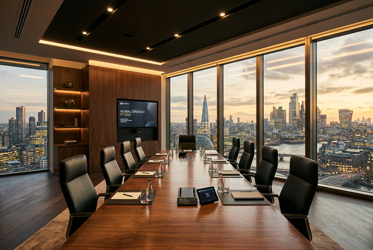 Premium executive boardroom with panoramic city views