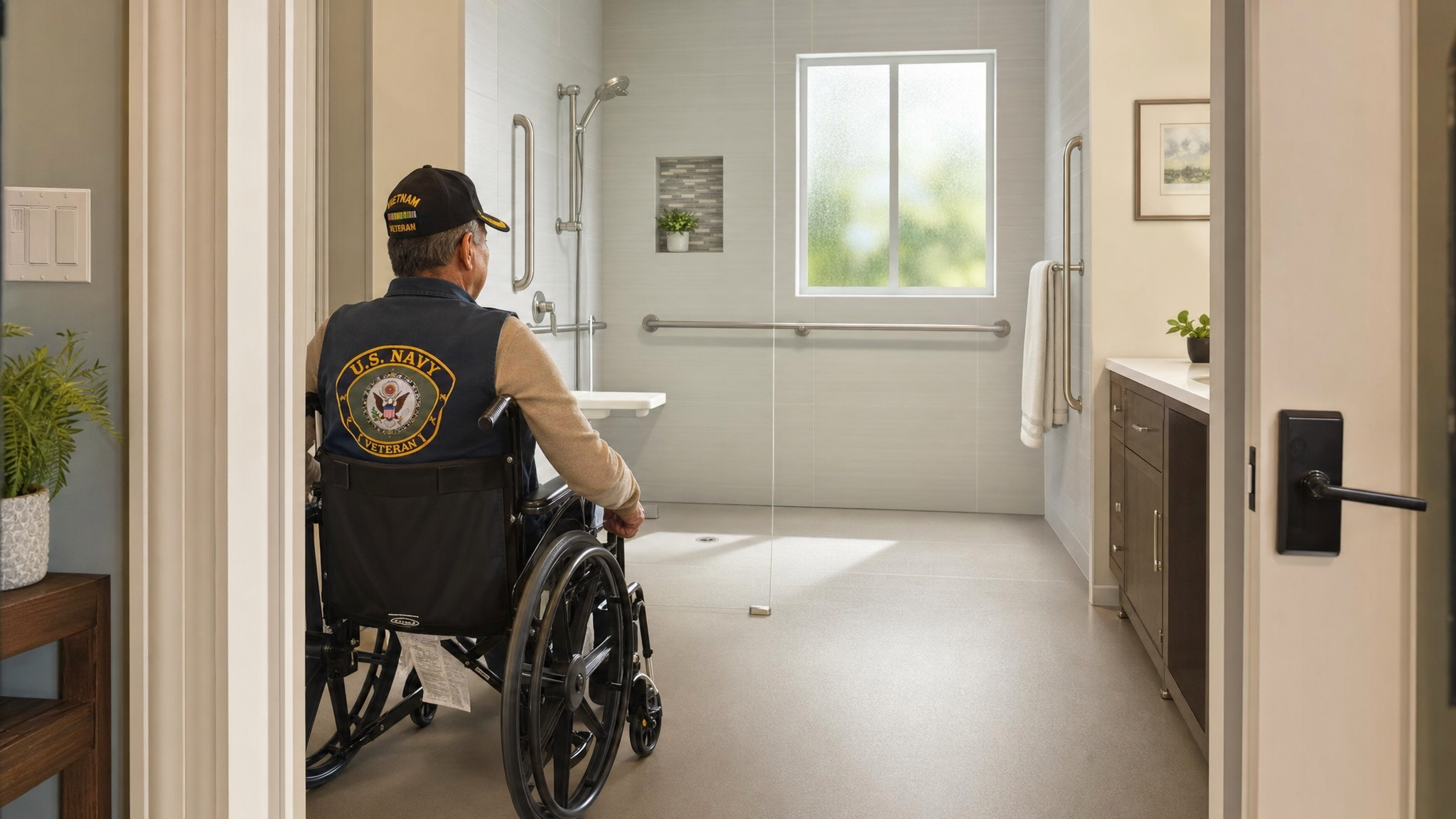 A senior Asian American male veteran in a wheelchair moving easily through a widened doorway into an adapted bathroom with a roll-in shower and grab bars
