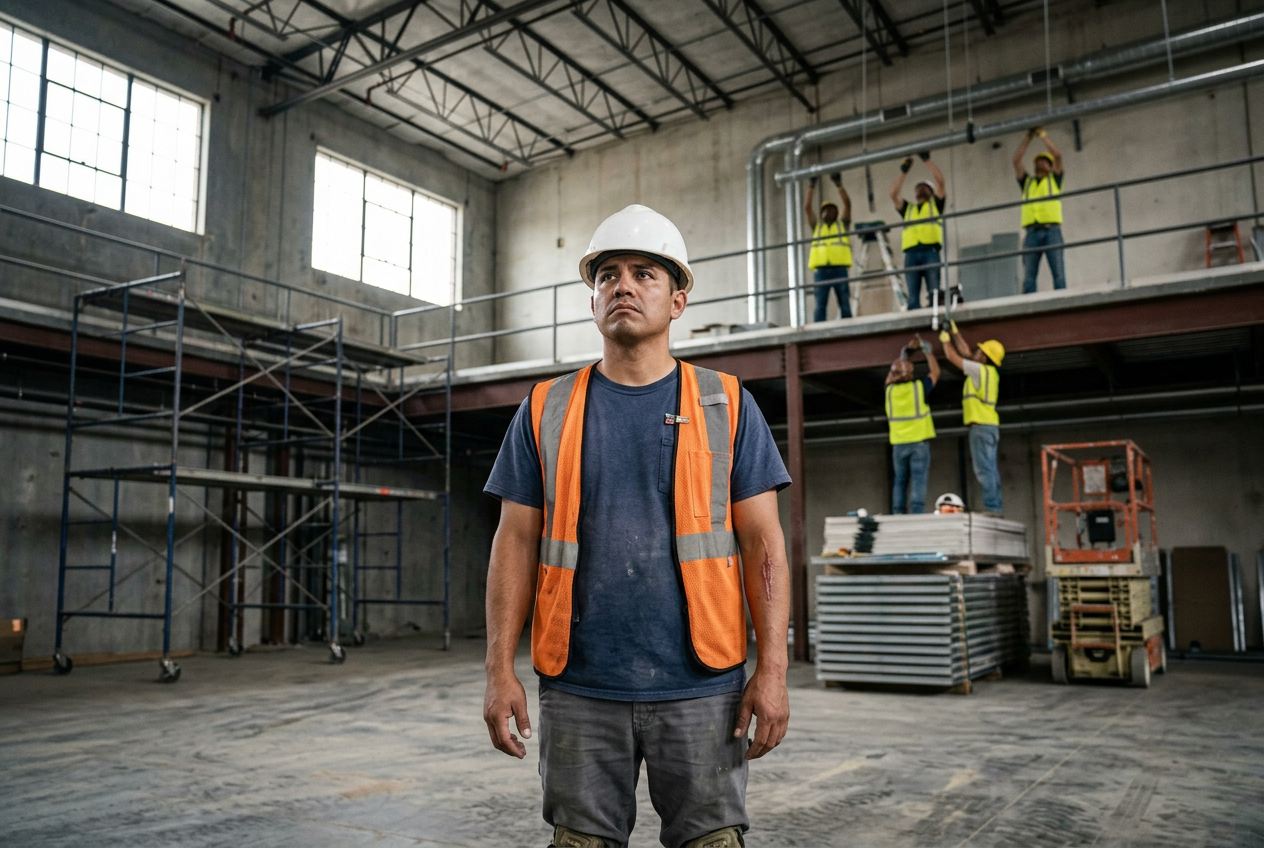 A Hispanic male warehouse worker unable to reach overhead to stock a high shelf, his shoulder clearly limiting his arm elevation