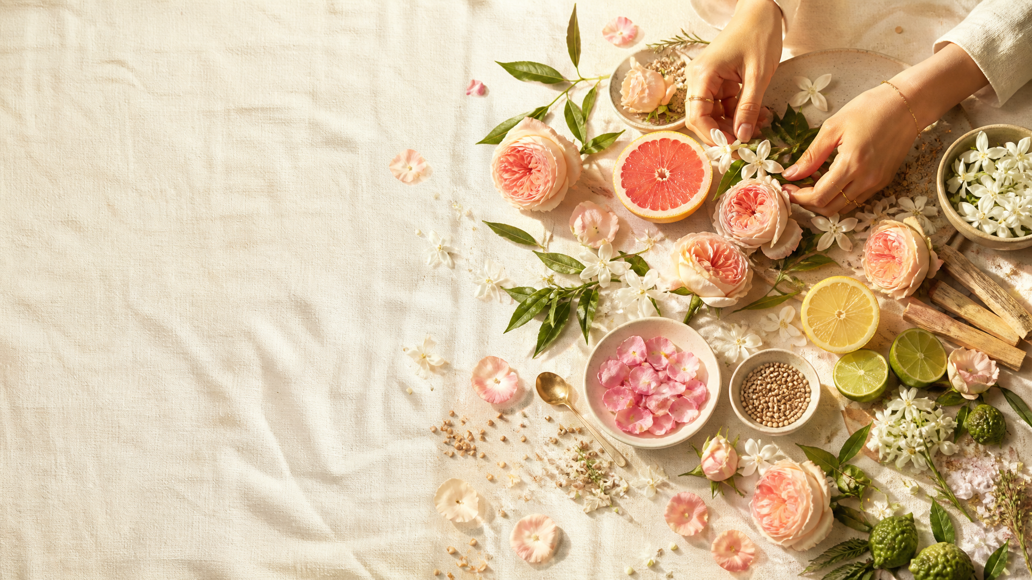 Fresh flowers, citrus and aromatic herbs arranged on warm ivory linen in golden daylight