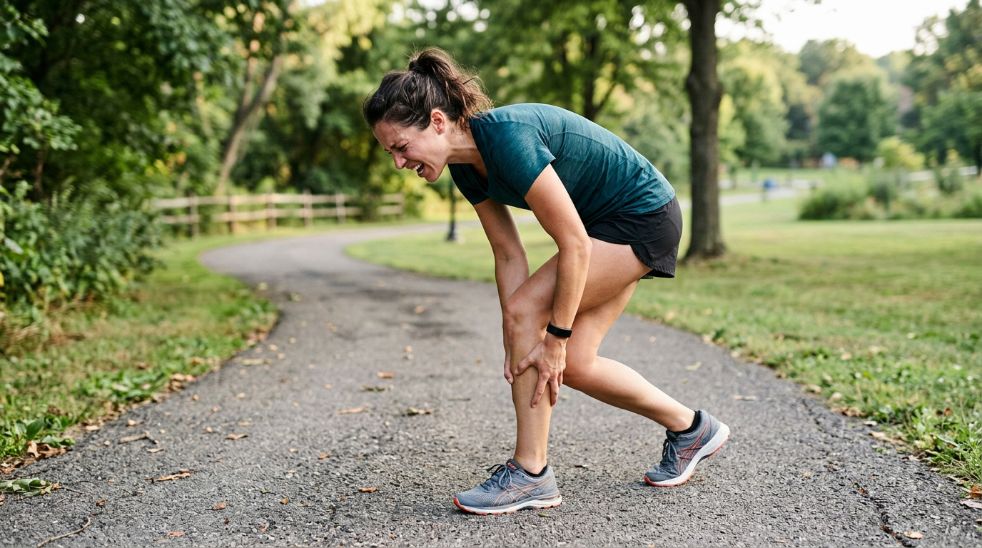 Photograph of a person in athletic clothing stopping during a run on pavement, gripping a painful shin