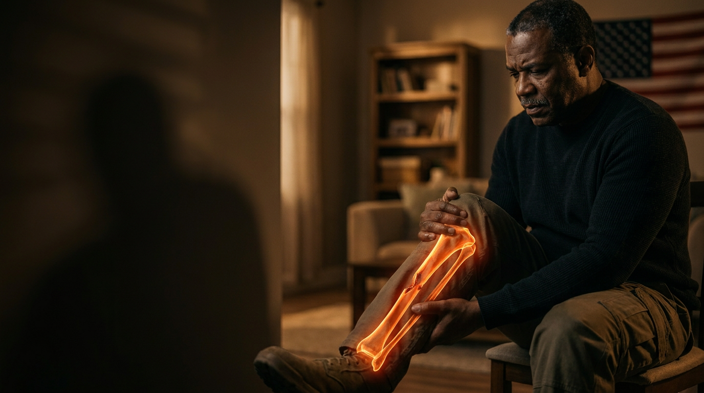 An African American male military veteran seated and gripping his shin and lower leg in pain, in dark cinematic light