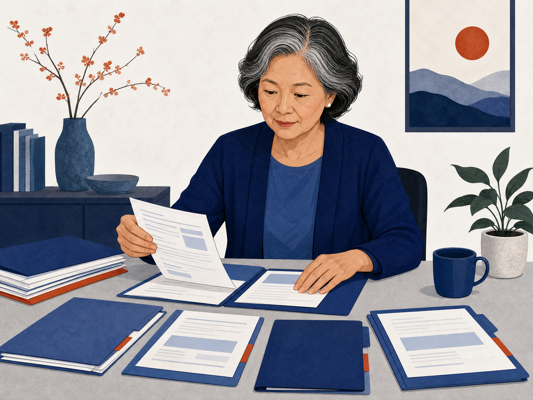 Editorial illustration of several official benefit application forms fanned out on a desk, representing the multiple separate claims survivors can file