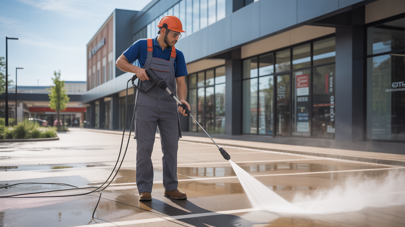 Commercial storefront and parking lot pressure washing service