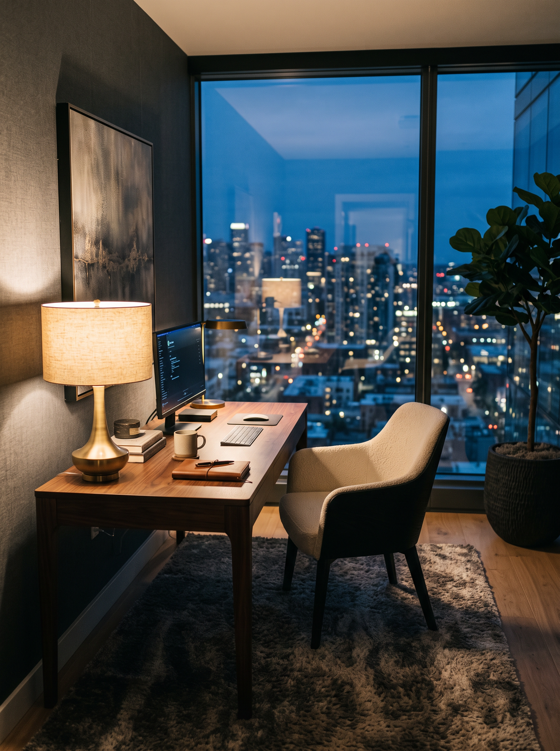A calm, well lit workspace ready for the day