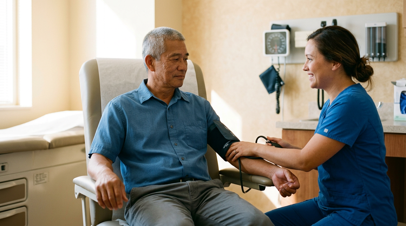 A veteran having his blood pressure checked by a VA nurse