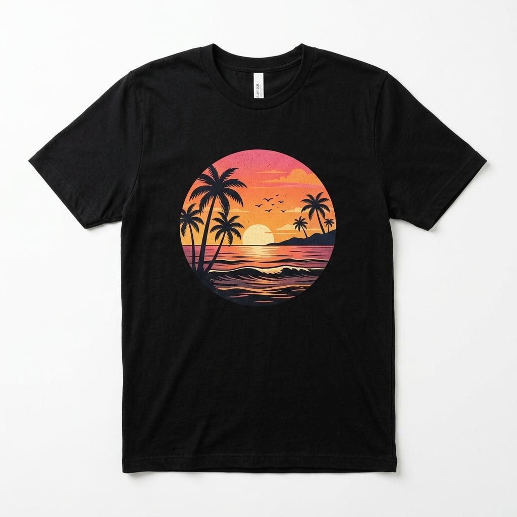 Vibrant sunset beach graphic DTF transfer on black t-shirt