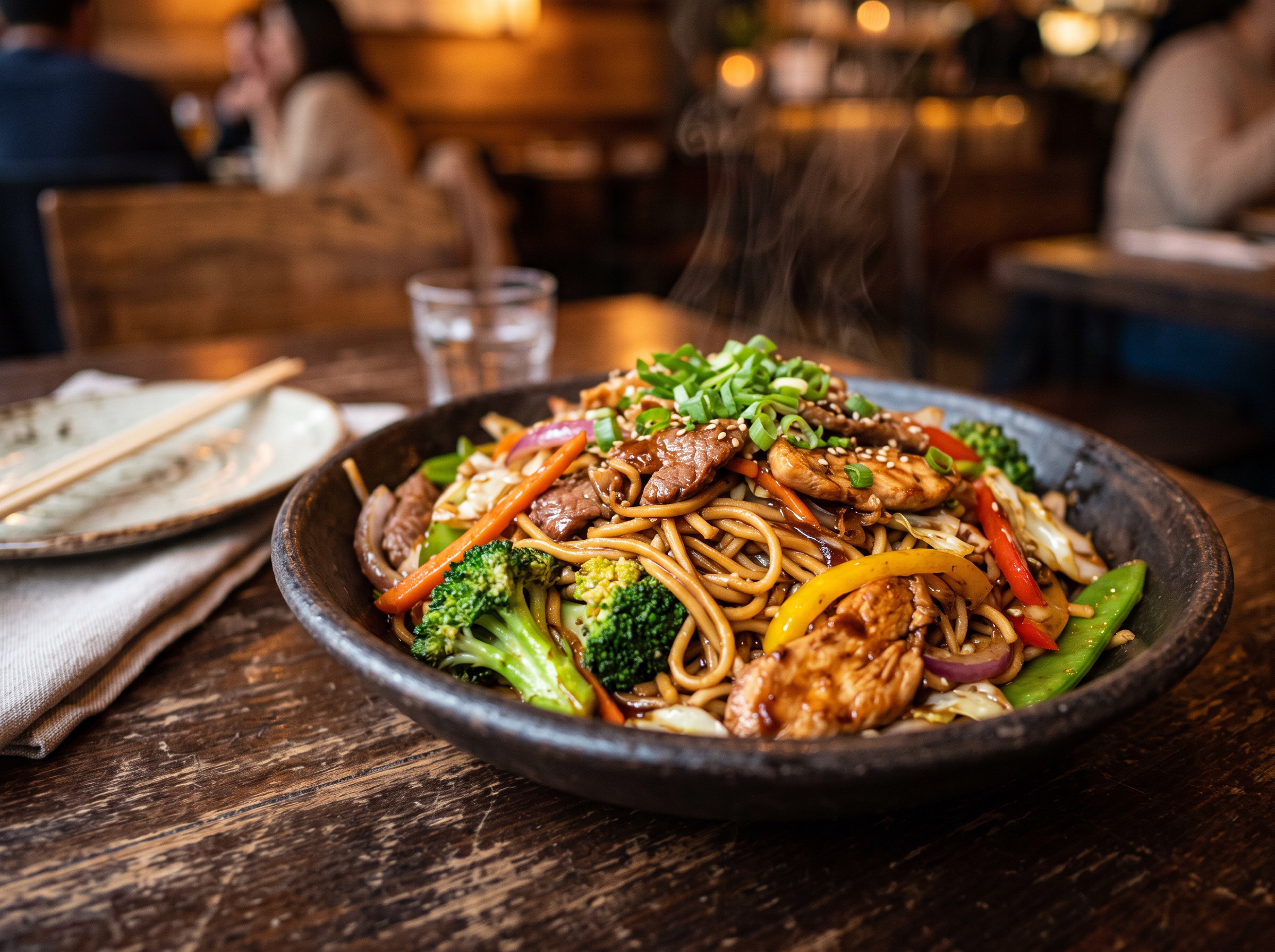 Yakisoba com legumes e carne servido em tigela