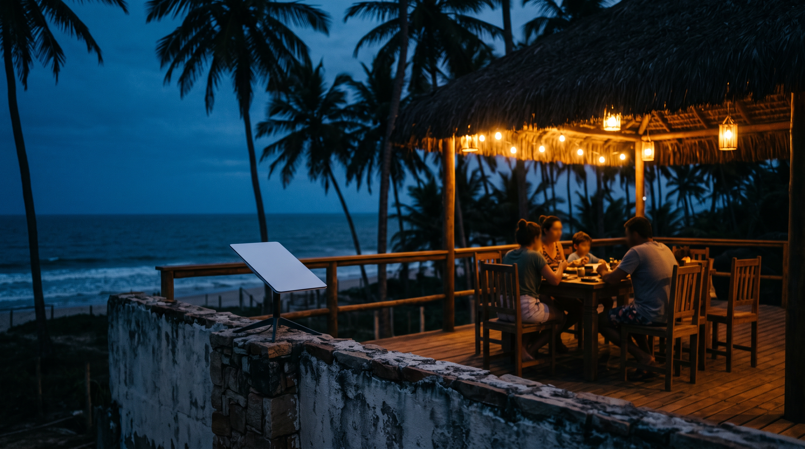 Casa de praia ao entardecer com antena Starlink Mini instalada na varanda