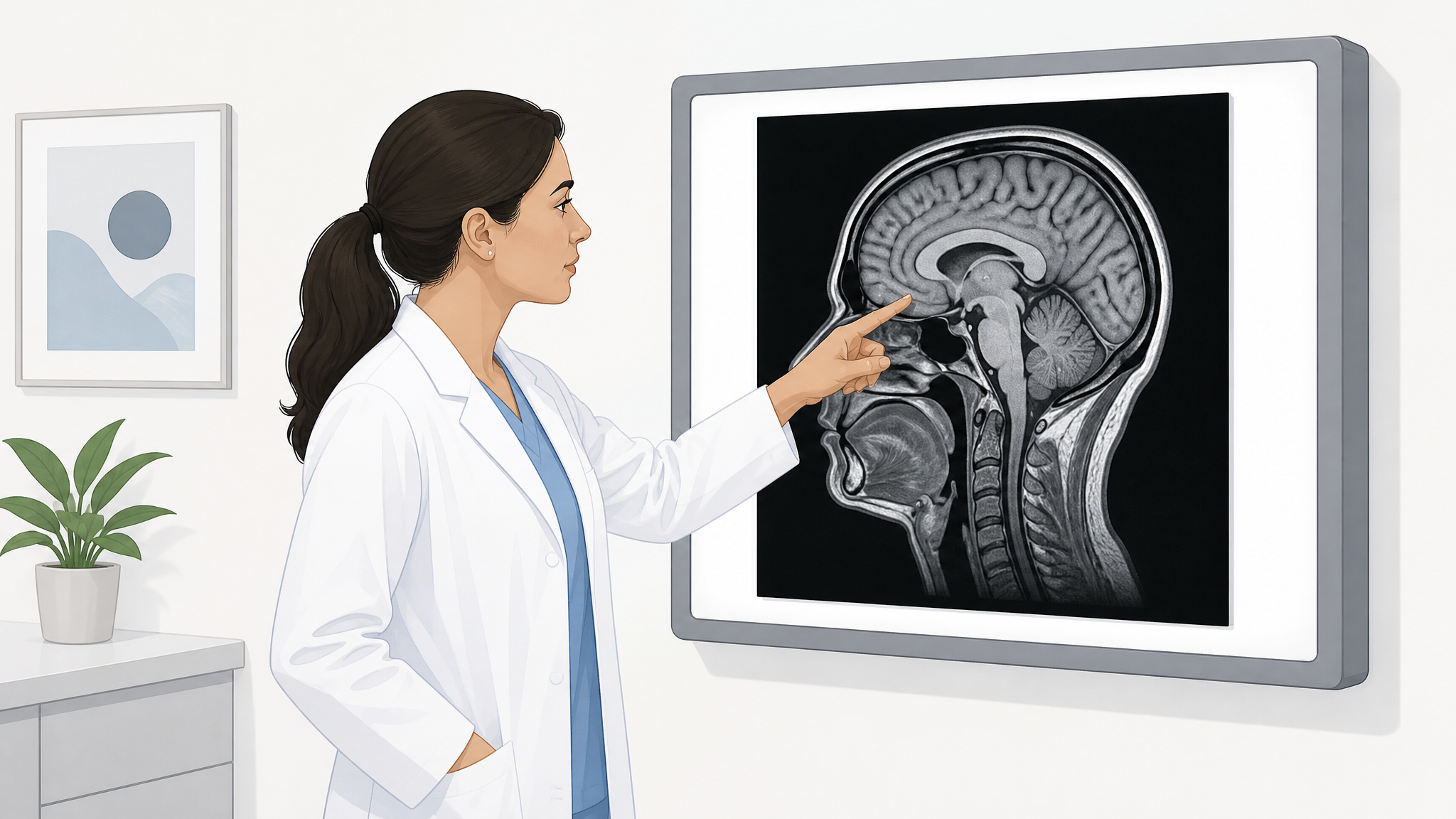 Illustration of a clinician reviewing a brain MRI displayed on a wall lightbox