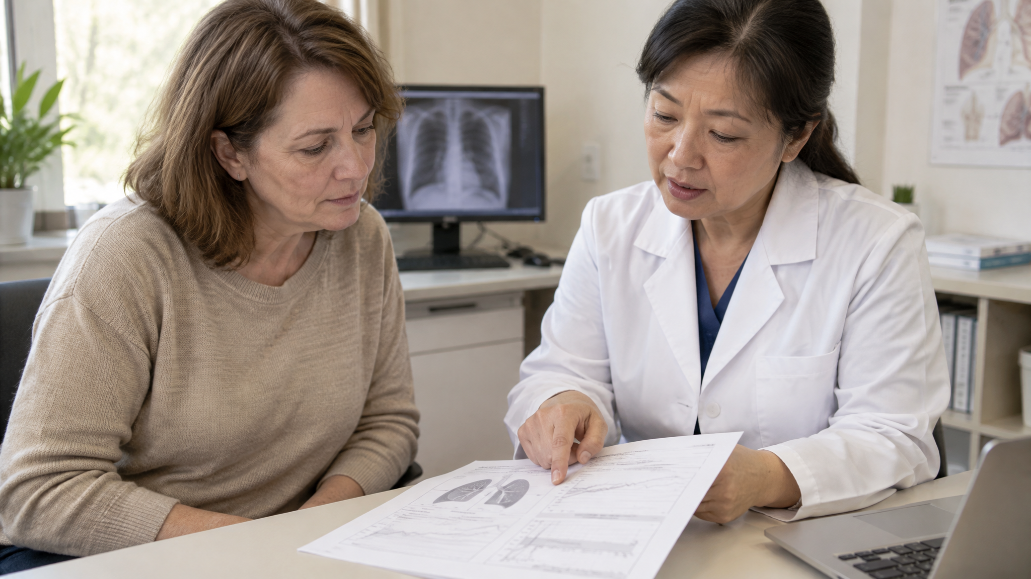 A woman veteran reviewing printed lung test results with a woman pulmonologist at a clinic desk