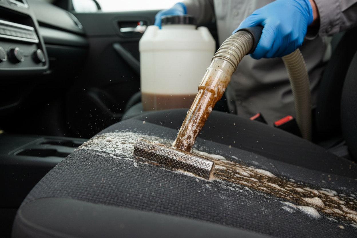 Mytee extractor cleaning a car seat, showing wet extraction and clean paths