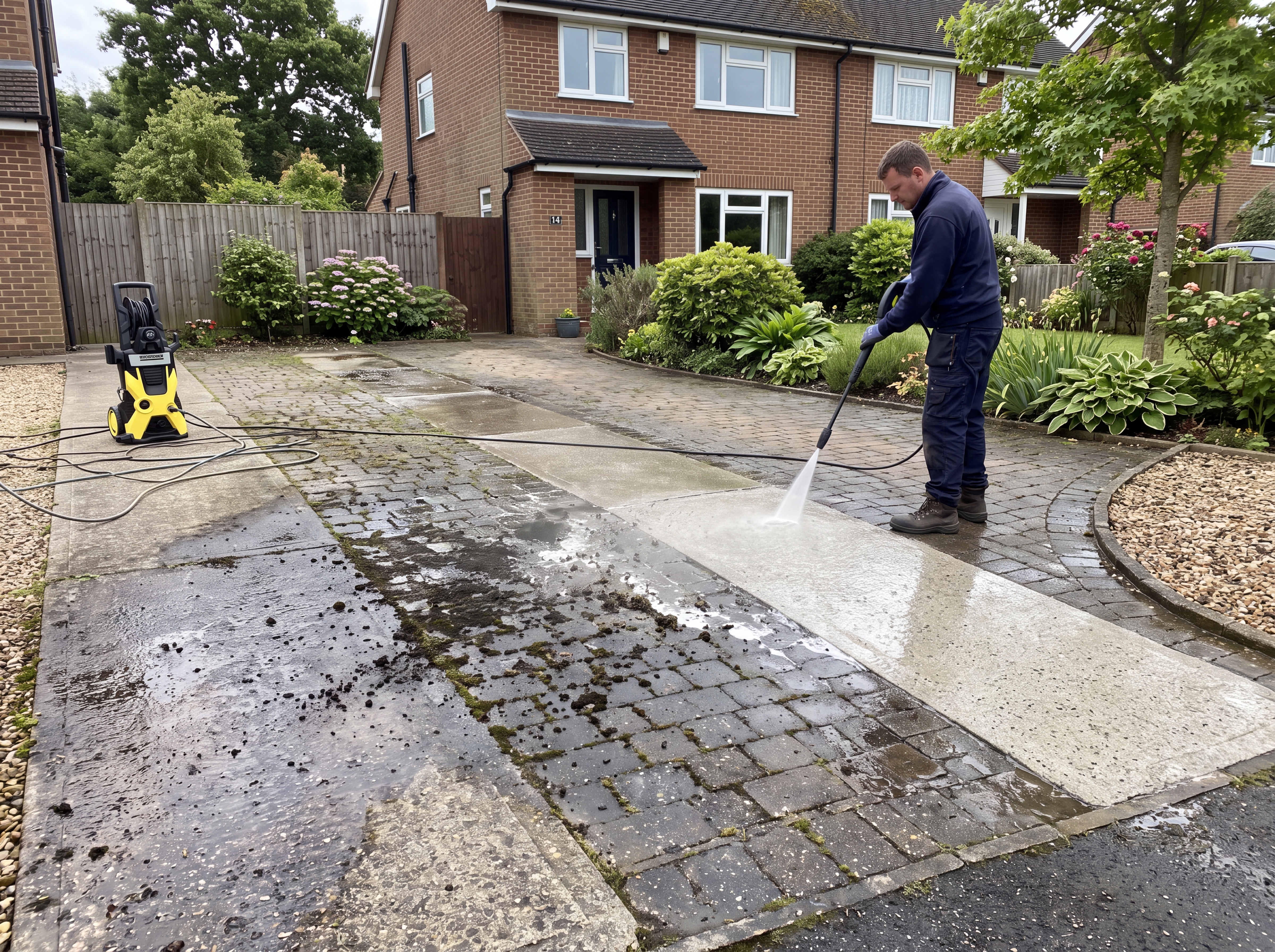 Concrete driveway pressure washing in progress