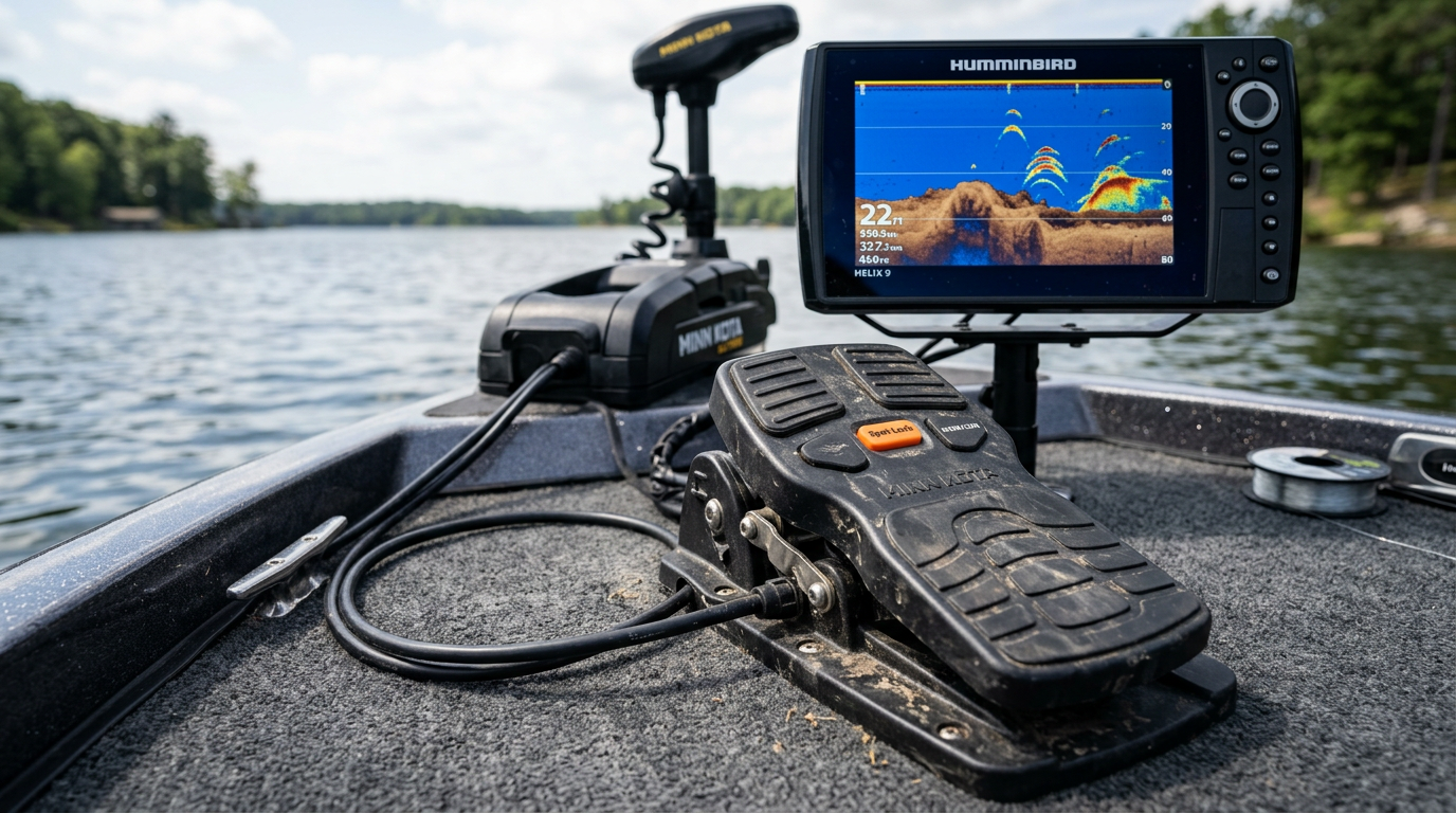 Close-up of a Minn Kota Ultrex foot pedal with power steering on a boat deck with sonar display visible on the motor head