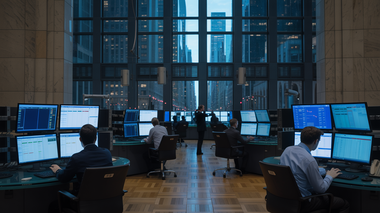 Financial trading floor at night