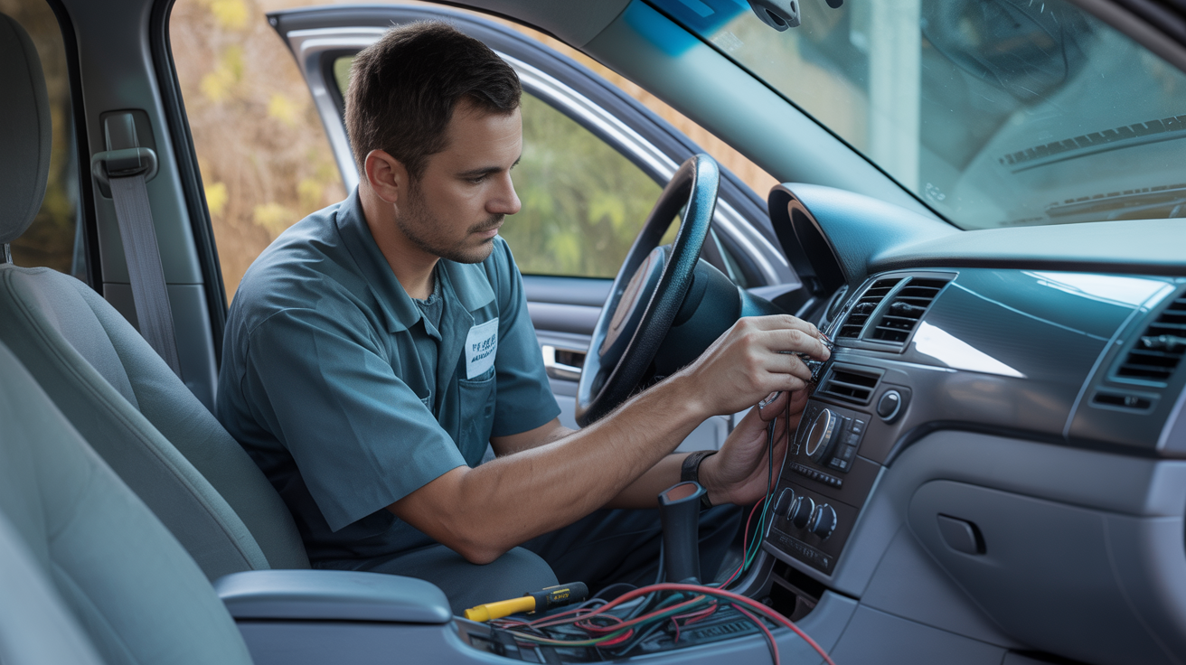 Professional mobile car audio technician working on a vehicle