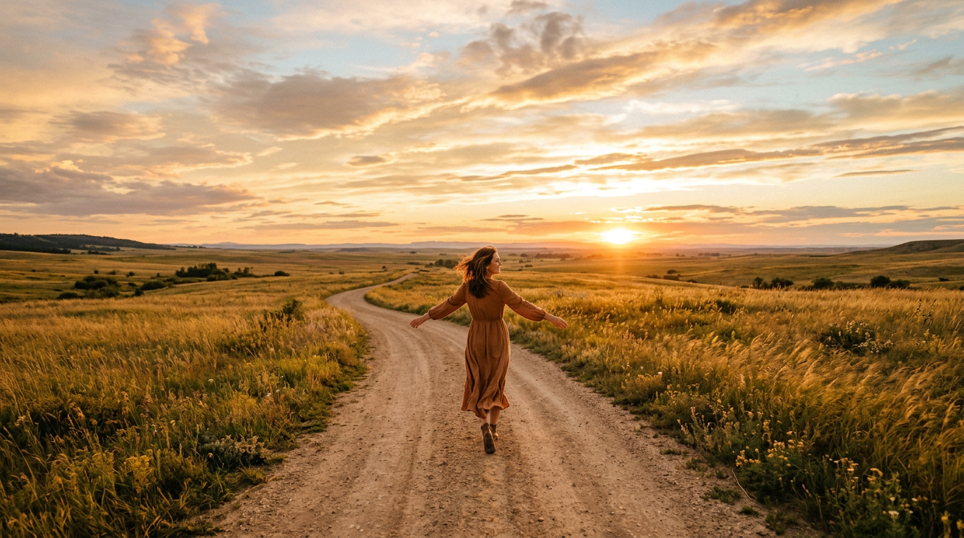 Pessoa caminhando confiante por caminho aberto em campo ao pôr do sol, atmosfera de liberdade e possibilidade