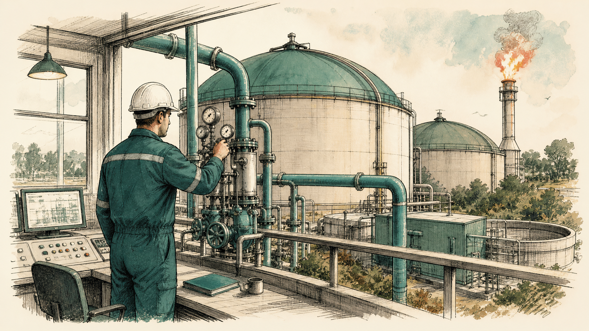 Illustration of a plant operator monitoring biomethane process equipment