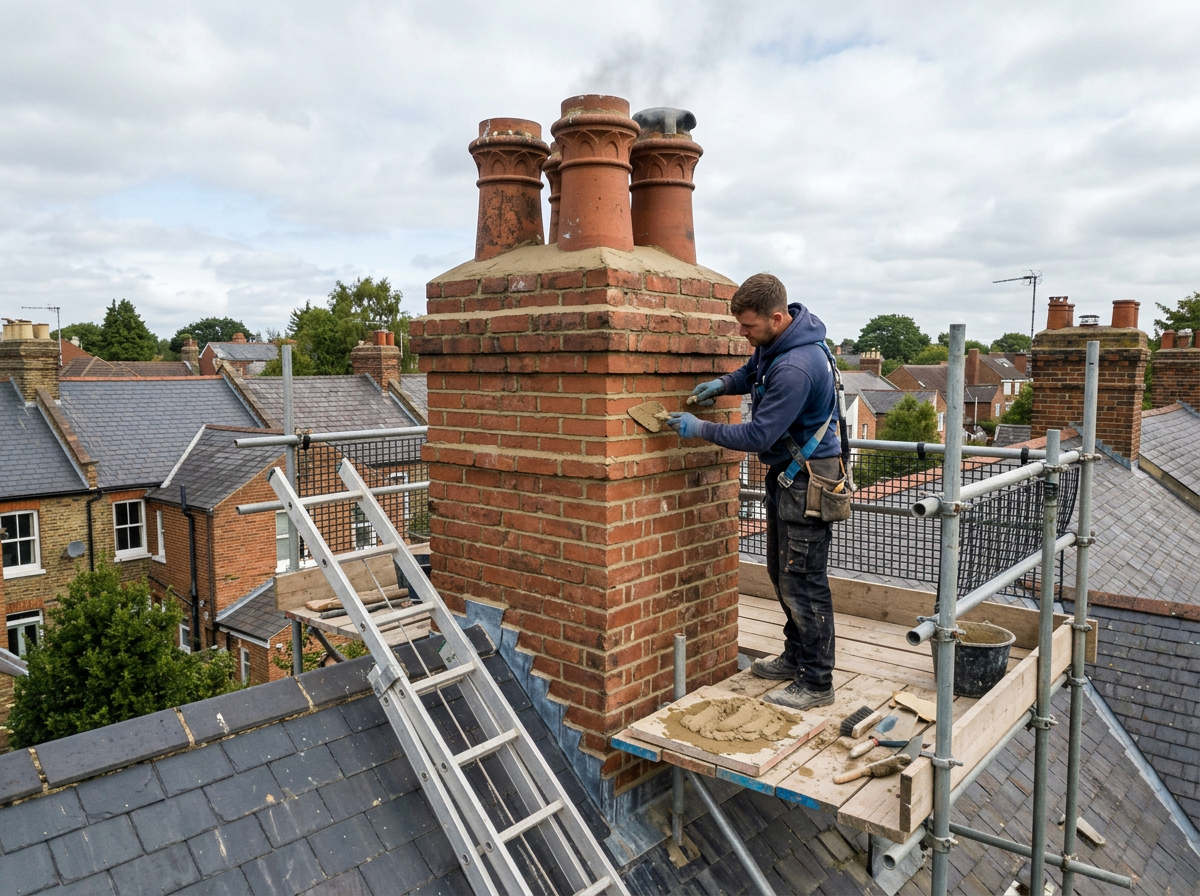 Roofer repointing a brick chimney from scaffolding