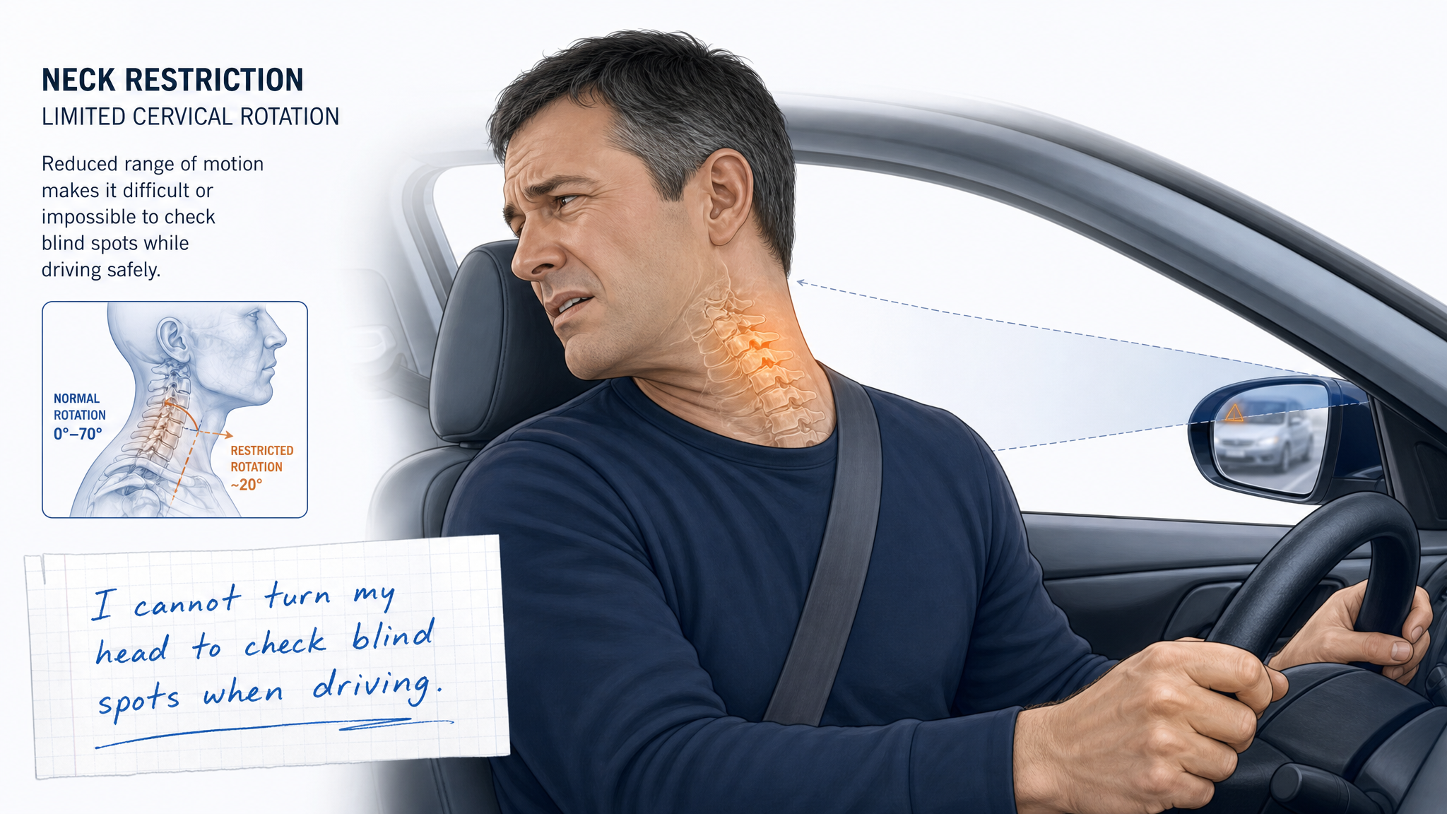 Veteran struggling to perform a daily task due to restricted spinal motion, with a functional impact statement overlaid
