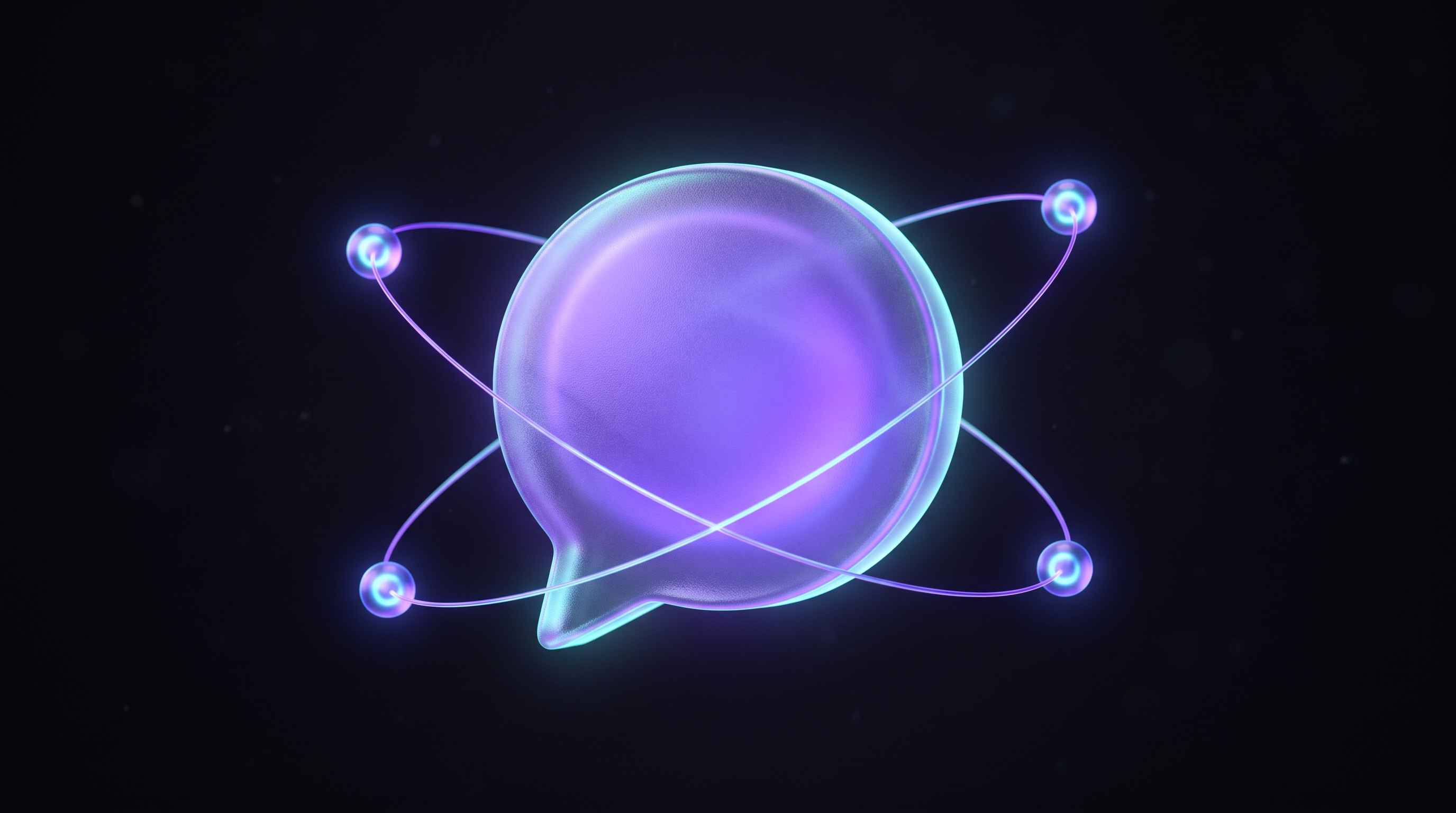 A glowing violet speech bubble shaped like a sphere, ringed by thin orbital lines with small bright nodes travelling around it