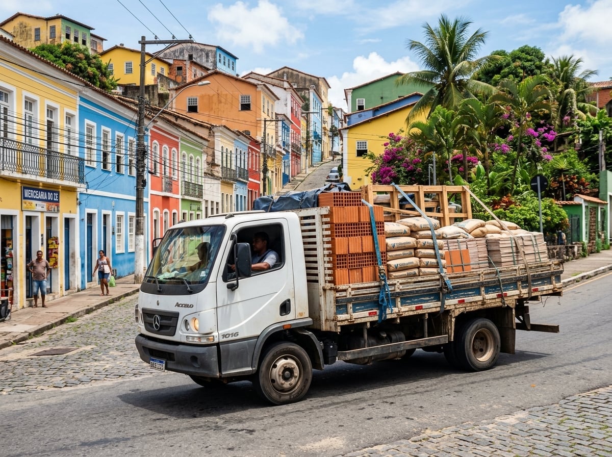 Van de entrega transportando materiais de construção por bairro brasileiro