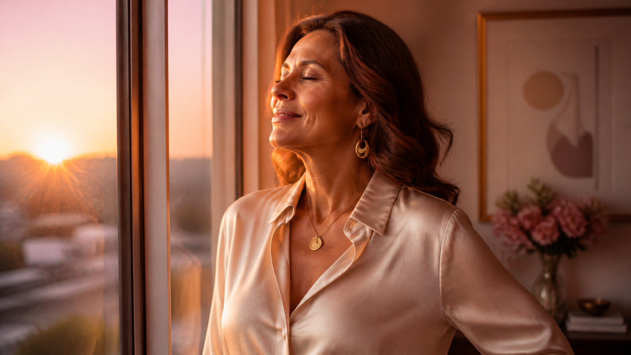 Woman in a hopeful, reflective moment at sunrise