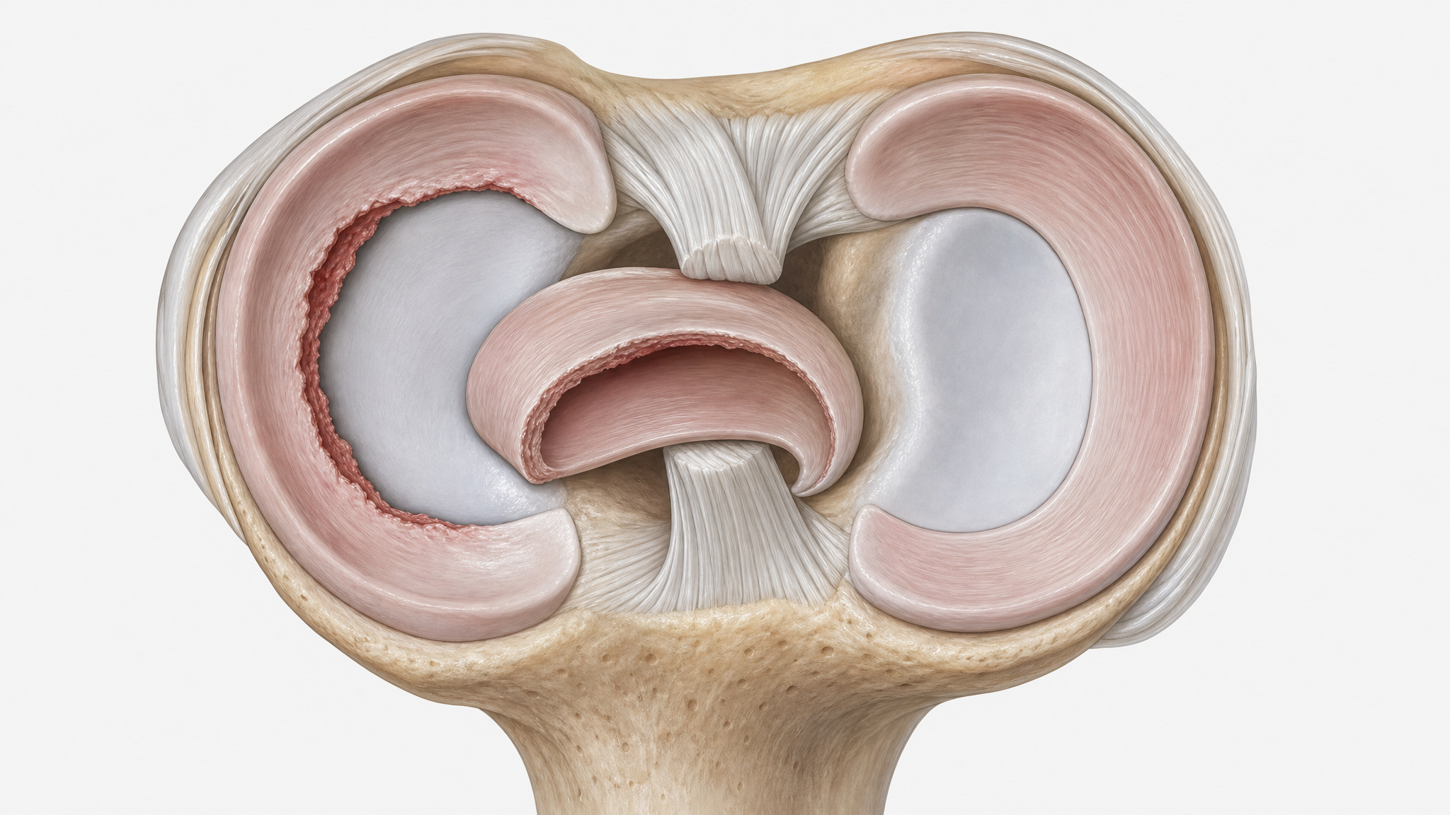 Anatomical illustration of the tibial plateau showing a torn meniscus with a bucket-handle tear fragment flipped into the joint space