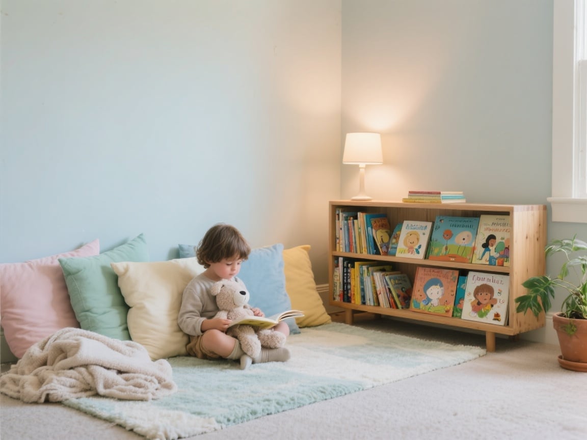 Calm corner for children with soft pillows and books.