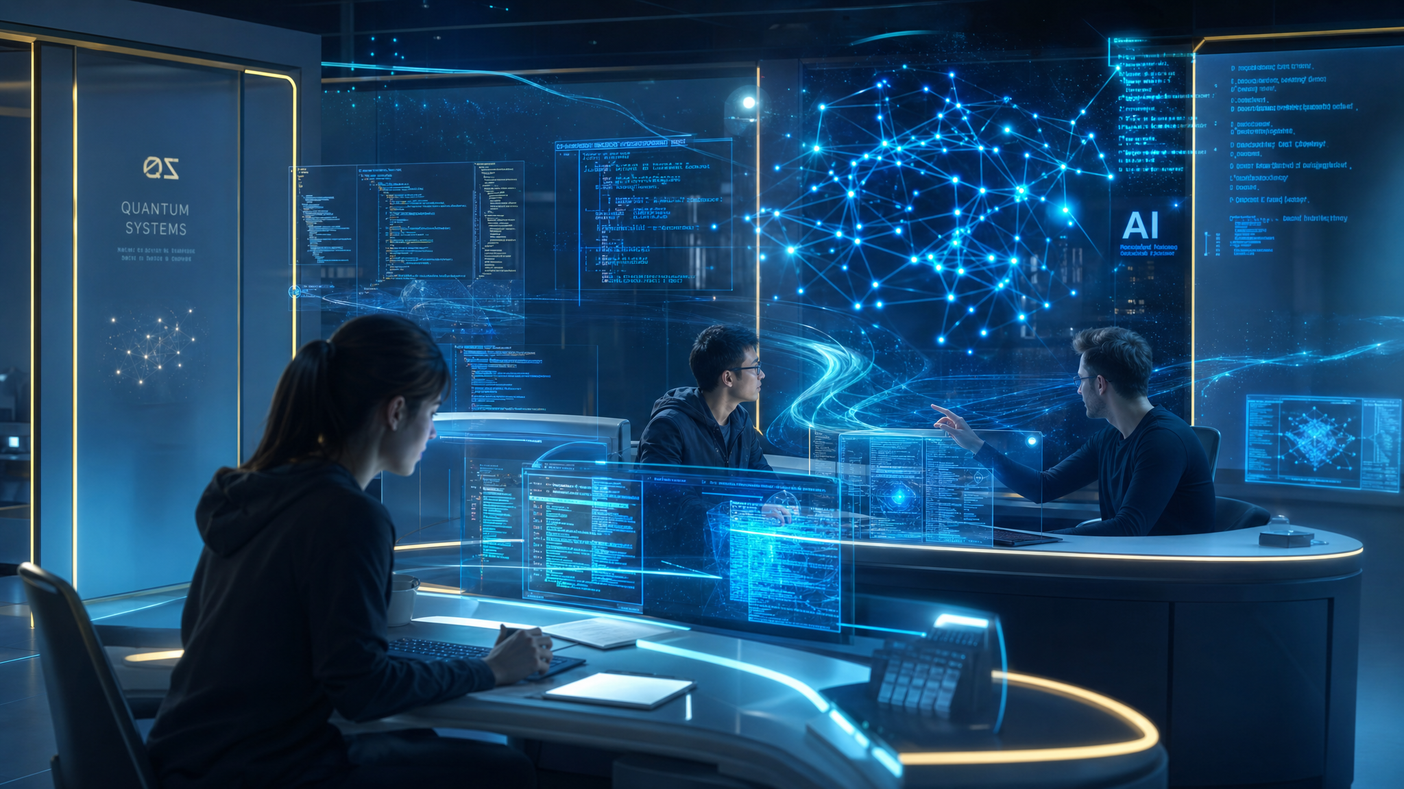 Web Development, Inc. computer scientists in a futuristic R&D laboratory