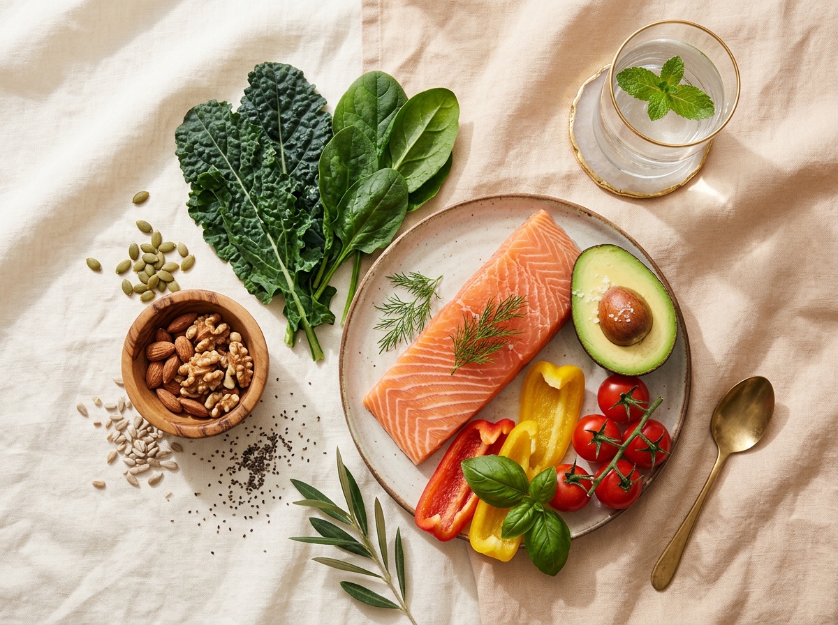 Elegant flat-lay of hormone-supporting foods including salmon, avocado, leafy greens, nuts and seeds