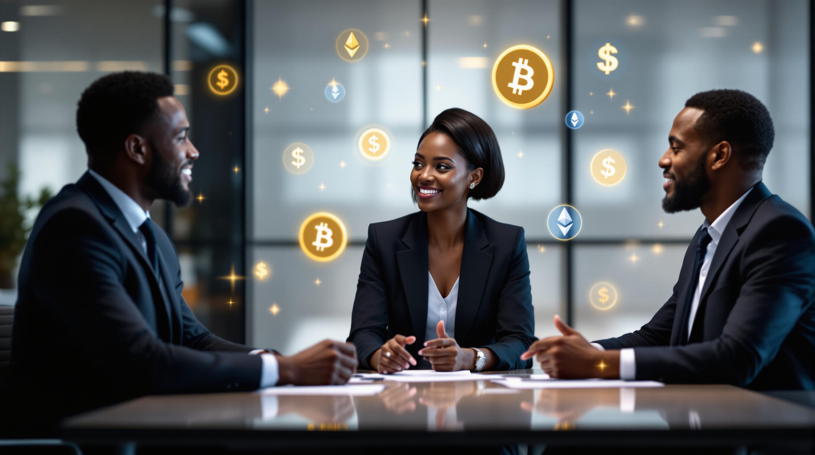 Three Black professionals in business attire discussing financial technology with cryptocurrency symbols