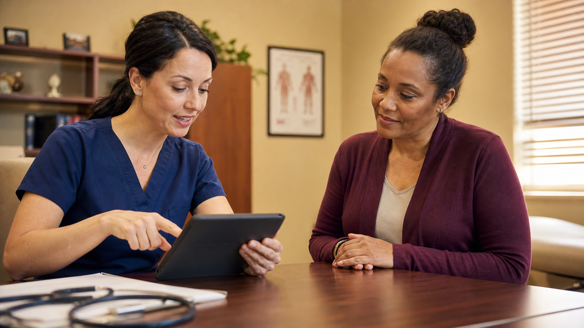 A clinician reviewing autoimmune lab results with a woman veteran