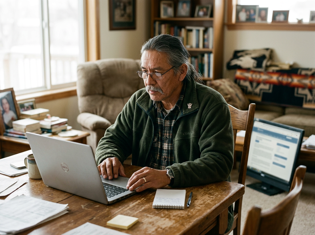 Veteran verifying a representative's VA accreditation on a laptop at home
