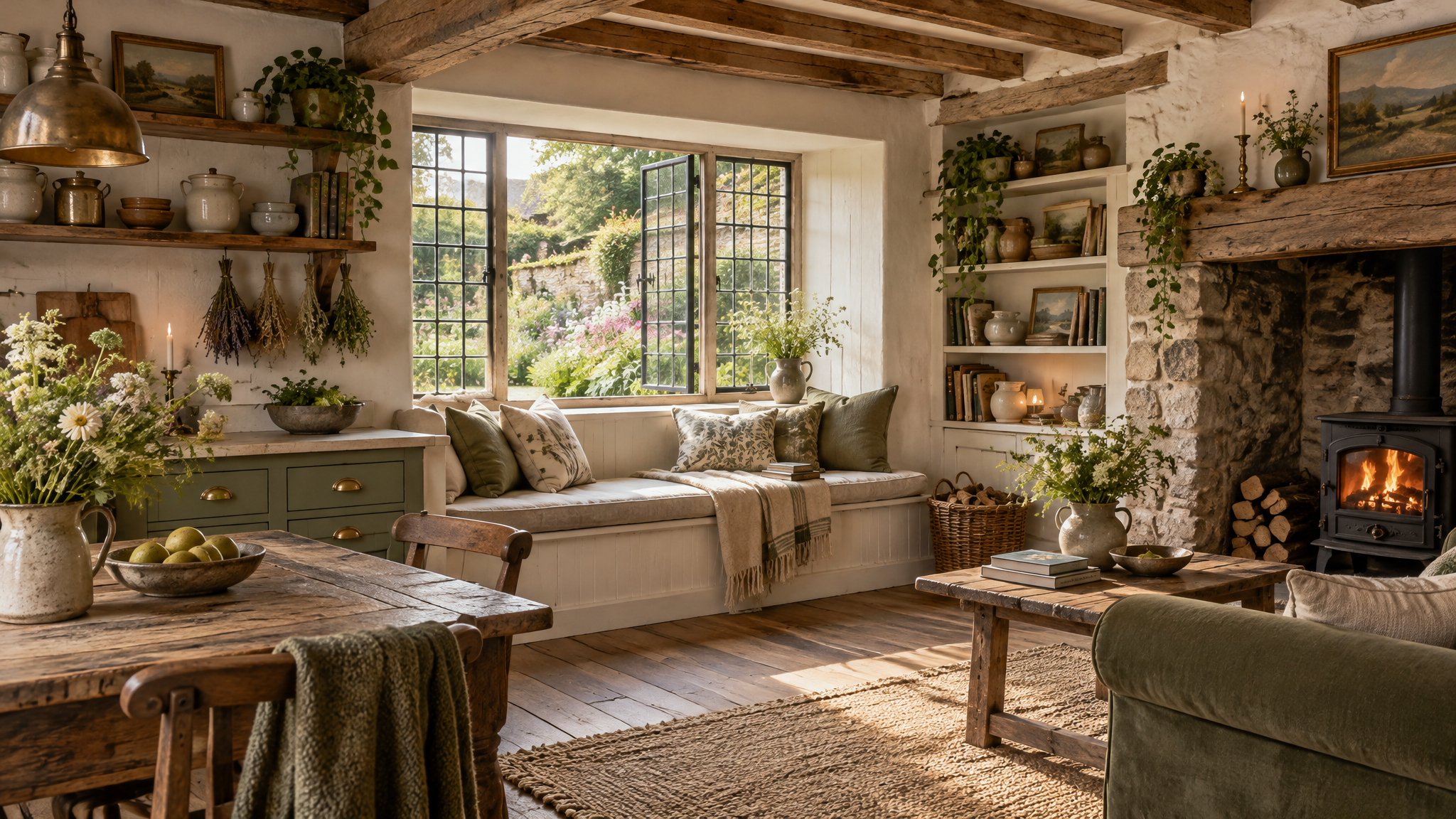 Handcrafted cottage interior with timber beams, linen window seat and stone hearth overlooking a wildflower garden
