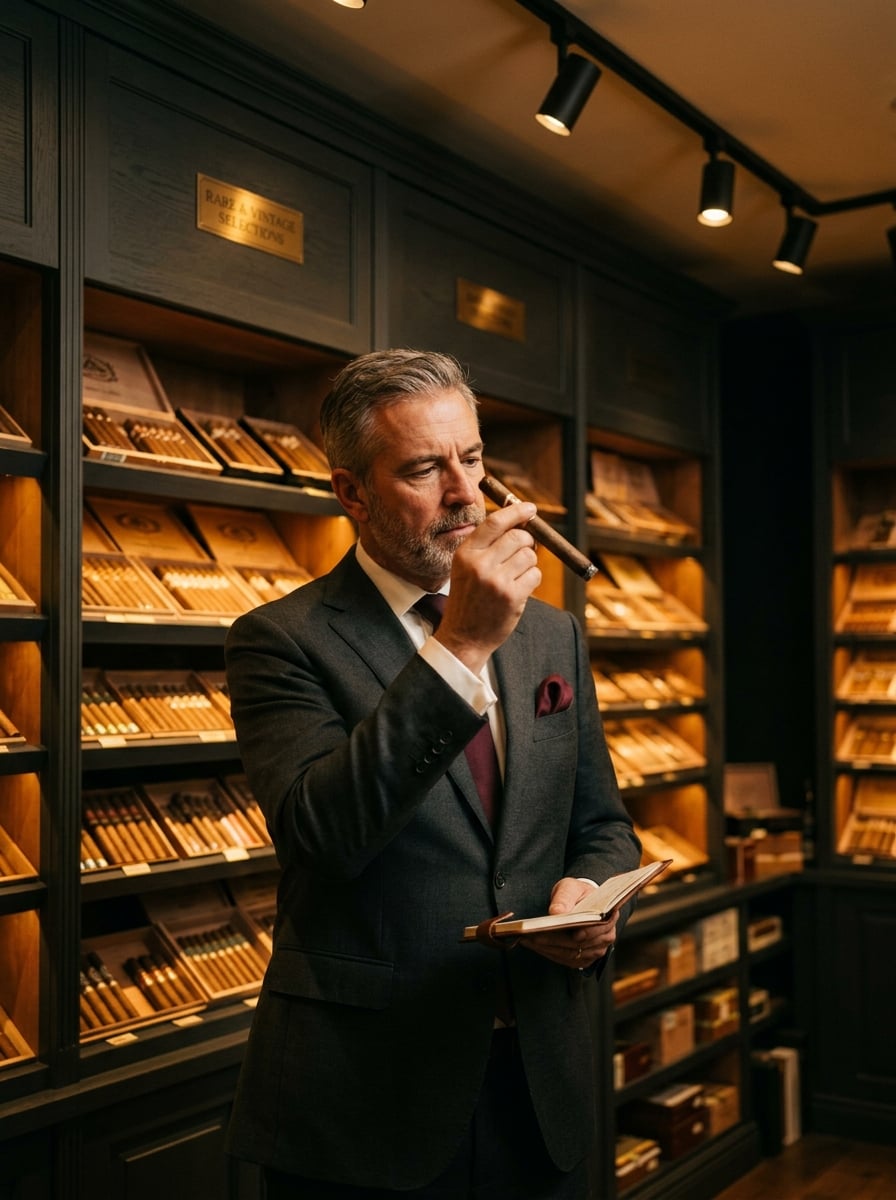 Certified cigar sommelier selecting premium cigars at Hutch Humidor in Hutchinson, KS