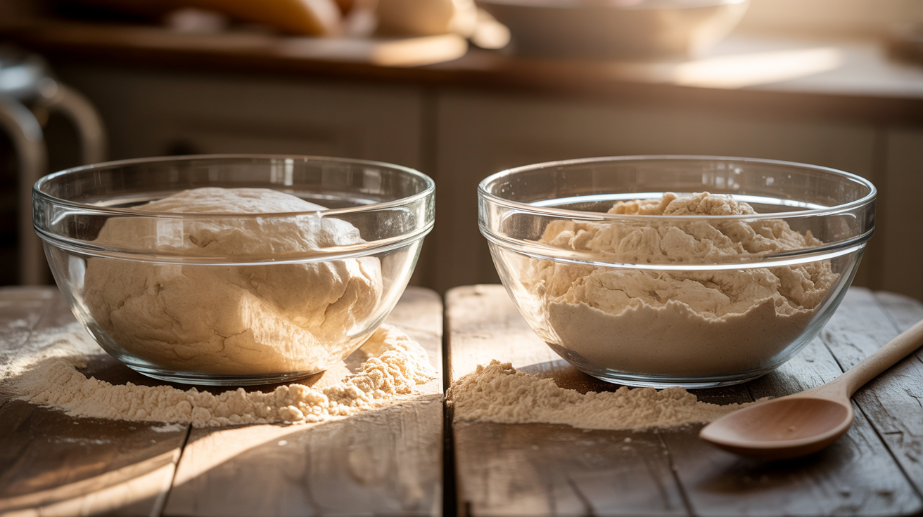 Two glass mixing bowls side by side on a rustic wooden table showing thick bread flour dough and slacker all-purpose flour dough with scattered flour and a wooden spoon