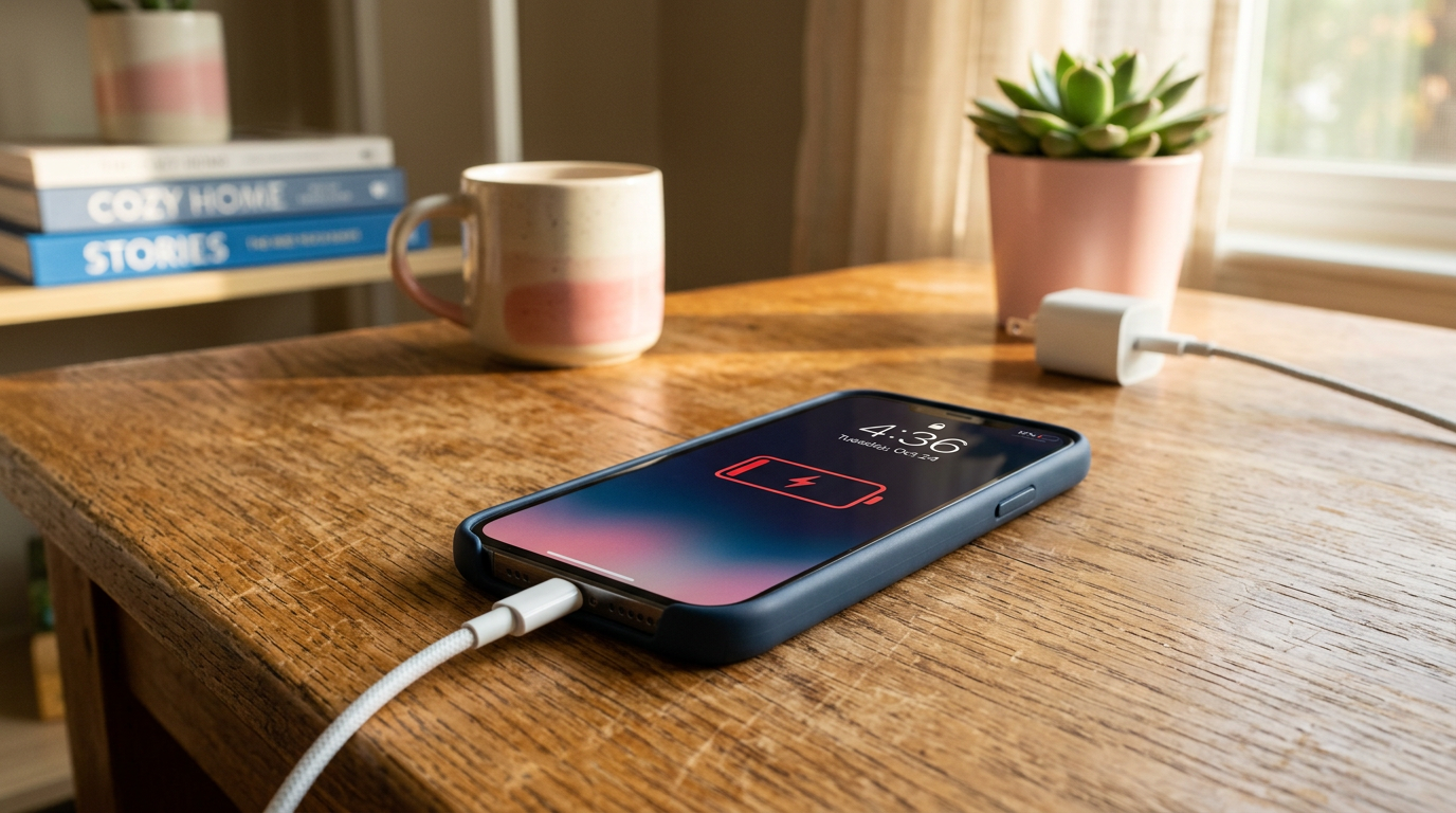 Celular sobre una mesa mostrando batería baja mientras se carga con luz natural