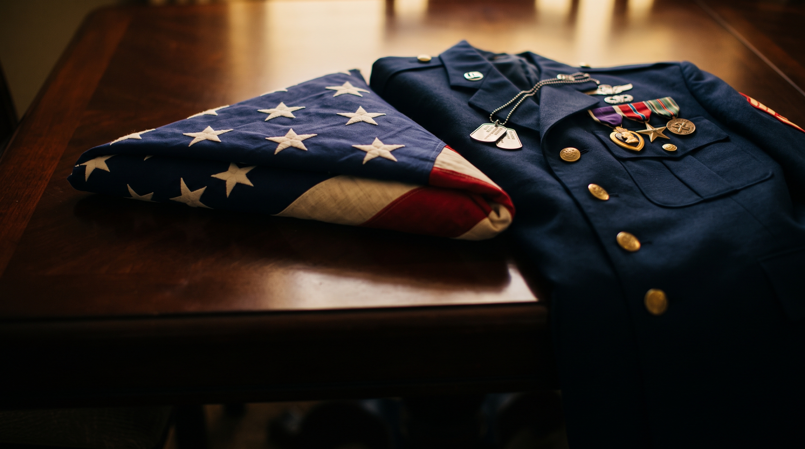 A folded American flag resting beside a fallen service member's dress uniform jacket with medals and dog tags
