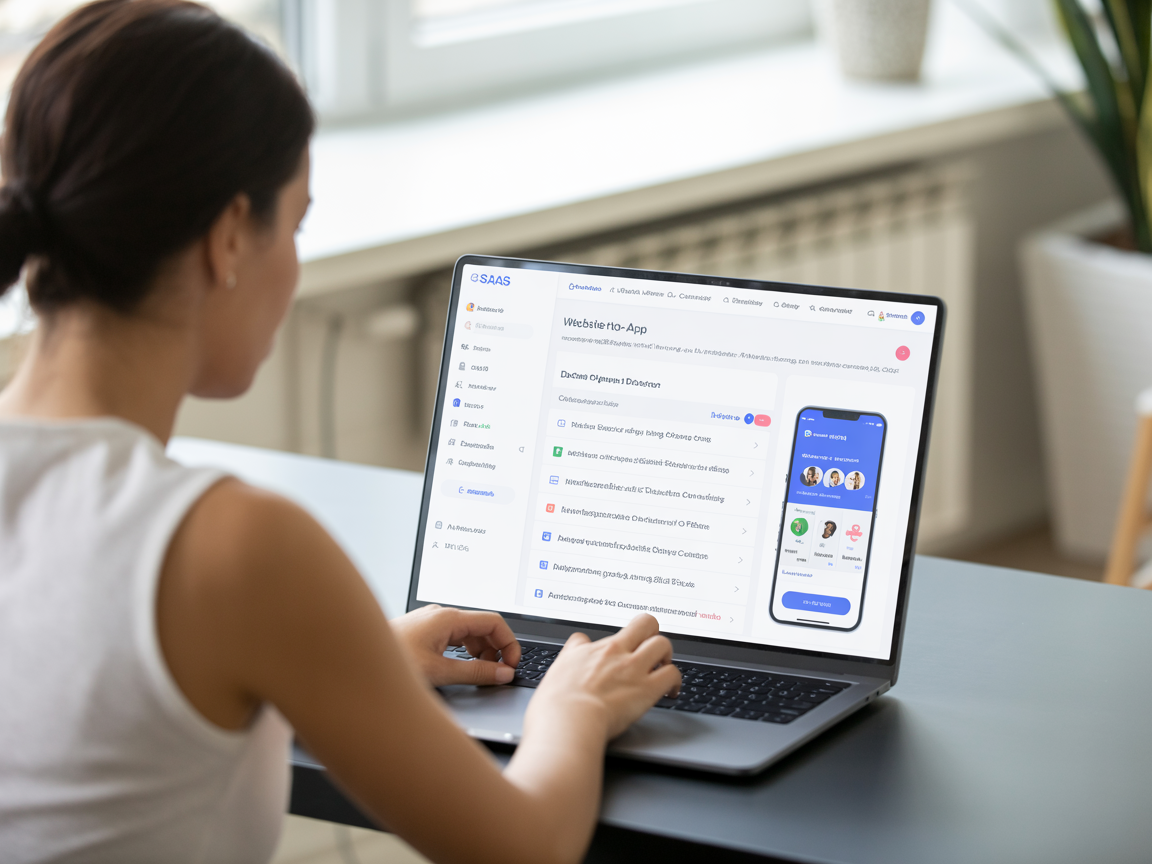Person using PusWeb dashboard on a laptop to convert a website into a mobile app