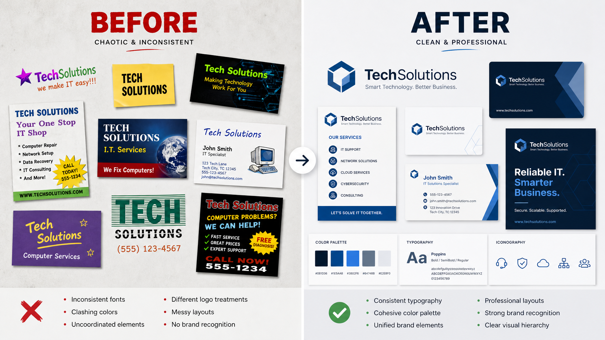 Vorher-Nachher Vergleich: inkonsistentes vs. professionelles Corporate Design